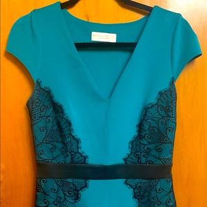 Dorothy Perkins Green Pencil Dress with Black Lace Accents, Size 12 UK